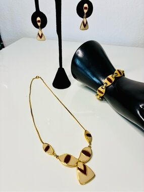 Thailand- Gold Tone Necklace, Bracelet & Earring Set with Brown and Cream Enamel